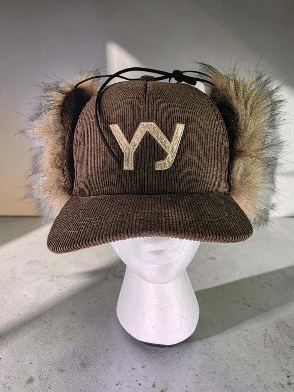 Open YY Faux Fur Corduroy Earflap Cap Brown